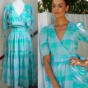 Kopal Anthropologie Midi Dress 100% Cotton Wrap Tiered Bohemian Teal Embroidery